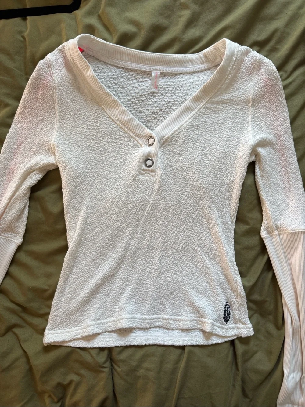 Free People Cream Textured V-Neck Long Sleeve Henley